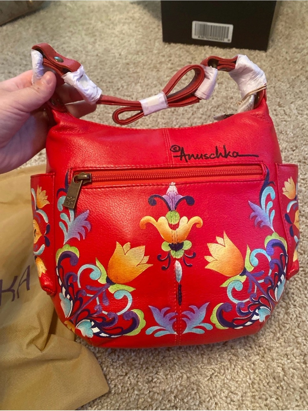 Anuschka Red Hand-Painted Floral Leather Shoulder Bag